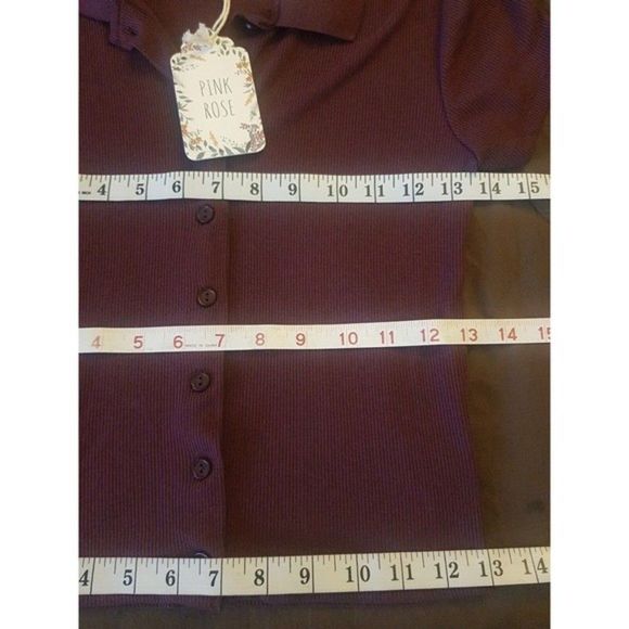 Pink Rose Womens Ribbed Short Sleeve Cropped Top Blouse Collar Button Size Small - Picture 11 of 12
